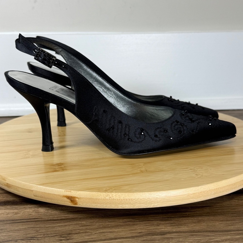 Stuart Weitzman Slingback Heels Women 6.5M Black Beaded Embroidered Eveningwear